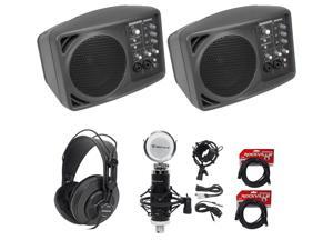 (2) Mackie SRM150 Powered PA Monitor Speakers+Headphones+Studio Mic+XLR Cables