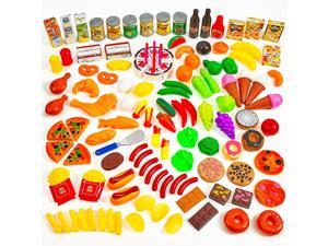 MEDca Kids Play Food Set - 130 Piece Pretend Play Food Collection - Assorted Fake Food Set Includes Fruits Vegetables Snacks Dessert Juices Canned Goods and More for Boys and Girls