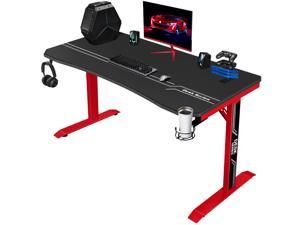 Furmax 55 Inch Gaming Desk T-Shaped PC Computer Table, Home Office Desk Carbon Fibre Surface Workstation with Free Full Coverage Mouse Pad, Cup Holder and Headphone Hook (Red)
