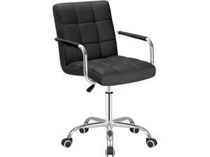 Furmax Mid-Back Office Task Chair Ribbed PU Leather Executive Chair Modern Adjustable Home Desk Chair Retro Comfortable Work Chair 360 Degree Swivel with Arms (Black)