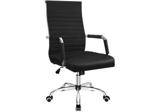 Furmax Ribbed Office Desk Chair Mid-Back PU Leather Executive Conference Task Chair Adjustable Swivel Chair with Arms (Black)