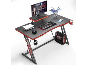 Furmax 55 inch Gaming Desk Z Shaped PC Gaming Table with Carbon Fibre Surface Computer Desk Gamer Workstation with Monitor Shelf, Cup Holder and Headphone Hook for Home Office (Black)