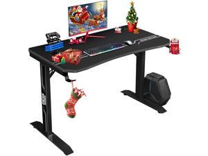 Furmax 43 Inch Gaming Desk T-Shaped PC Computer Table, Home Office Desk Carbon Fiber Surface Workstation with Free Full Coverage Mouse Pad, Cup Holder and Headphone Hook (Black)