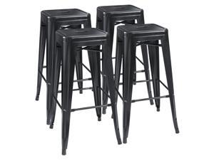 Indoor/Outdoor Set of 4 Gray Wooden Seat 30 Inches Bar Height Metal Bar Stools 