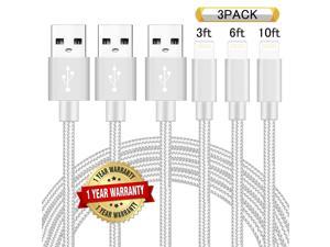 iPhone Charger Cable, Gllai MFi Certified Lightning Cable 3 Pack[3/6/10FT]Extra Long Nylon Braided USB Charging & Syncing Cord Compatible iPhone Xs/Max/XR/X/8/8Plus/7/7Plus/6S/6S Plus/SE/iPad - Silver