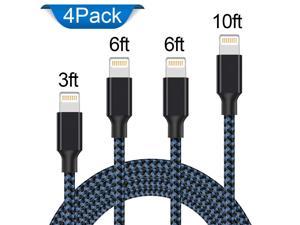 iPhone Charger Cable, Nurbenn MFi Certified Lightning Cable 4 Pack[3/6//6/10FT]Extra Long Nylon Braided USB Charging & Syncing Cord Compatible iPhone Xs/Max/XR/X/8/8Plus/7/7Plus/6S/iPad - Black/Blue