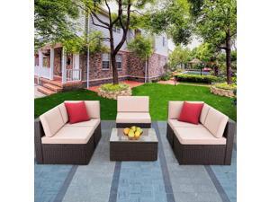 Devoko Patio Furniture Sets 6 Pieces Outdoor Sectional Rattan Sofa Manual Weaving Wicker Patio Conversation Set with Glass Table and Cushion (Beige) Devoko Patio Furniture Sets 6 Pieces Outdoor Sectional Rattan Sofa Manual Weaving Wicker Patio Conversation Set with Glass Table and Cushion (Beige)