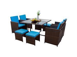 Devoko 9 Pieces Patio Dining Sets Outdoor Space Saving Rattan Chairs with Glass Table Patio Furniture Sets Cushioned Seating and Back Sectional Conversation Set (Brown/Blue) Devoko 9 Pieces Patio Dining Sets Outdoor Space Saving Rattan Chairs with Glass Table Patio Furniture Sets Cushioned Seating and Back Sectional Conversation Set (Brown/Blue)