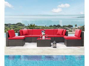 Devoko 7 Pieces Outdoor Sectional Sofa Patio Furniture Sets Manual Weaving Wicker Rattan Patio Conversation Sets with Cushion and Glass Table (Red) Devoko 7 Pieces Outdoor Sectional Sofa Patio Furniture Sets Manual Weaving Wicker Rattan Patio Conversation Sets with Cushion and Glass Table (Red)