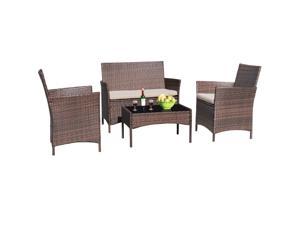 Devoko 4 Pieces Patio Porch Furniture Sets PE Rattan Wicker Chairs Beige Cushion with Table Outdoor Garden Patio Furniture Sets (Brown)