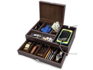 Admiral Big Dresser Valet Box & Mens Jewelry Box Organizer with Large Smartphone Charging Station (Dark Brown)