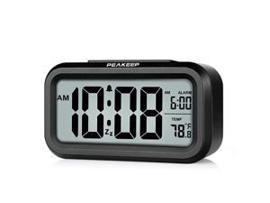 Smart Night Light Digital Alarm Clock with Indoor Temperature, Battery Operated Desk Small Clock (Black)