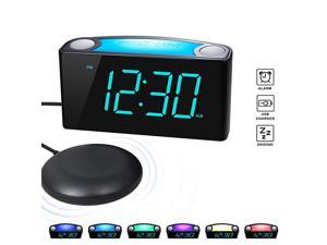 Vibrating Loud Alarm Clock with Bed Shaker Best Sounds Large LED Display with Dimmer 7 Colored Night Light Dual USB Charger for Heavy Sleepers Hearing Impaired Deaf People Seniors Blue