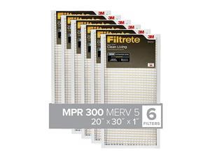 20x30x1, AC Furnace Air Filter, MPR 300, Clean Living Basic Dust, 6-Pack (exact dimensions 19.81 x 29.81 x 0.81)