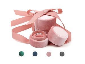 Pink Wedding Ring Box - Small Premium Velvet Round Ring Earring Jewelry Storage Organizer Gift Box with Elegant Silk Bow for Proposal, Engagement, Birthday, Christmas, Anniversary (Small)