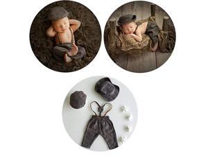 Infant Baby Photo Props Crochet Romper Newborn Photography Caps Set Cool Monthly Boys Knitted Berets Hat Outfits Clothes Brown