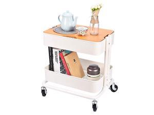 Metal Utility Rolling Cart Storage Side End Table with Cover Board for Office Home Kitchen Organization Cream White
