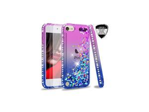 iPod Touch 7 Case, iPod Touch 6 Case, iPod Touch 5 Case with Tempered Glass Screen Protector [2 Pack] for Girls,  Glitter Liquid Clear Phone Case (Purple/Blue)