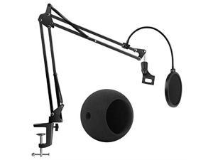 Adjustable Mic Stand for Blue Snowball and Blue Snowball iCE Suspension Boom Scissor Arm Stand with Microphone Windscreen and Dual Layered Mic Pop Filter Max Load 15 KG