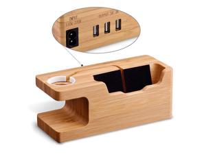 Bamboo Wood USB Charging Stand Phone Stand with 3 USB Port Charging Dock Station for 38mm and 42mm Apple Watch iPhone X 8 8 Plus 6 Plus 5S 5 7 7 Plus and Other Smartphone