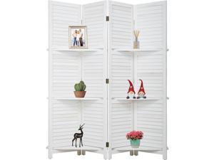 4 Panel Room Divider Folding Privacy Wooden Screen With Three Clever Shelf