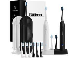 AquaSonic DUO - Dual Handle Ultra Whitening Rechargeable Electric ToothBrushes - 40,000 VPM Motor & Wireless Charging - 3 Modes with Smart Timers - 10 DuPont Brush Heads & 2 Travel Cases Included AquaSonic DUO - Dual Handle Ultra Whitening Rechargeable Electric ToothBrushes - 40,000 VPM Motor & Wireless Charging - 3 Modes with Smart Timers - 10 DuPont Brush Heads & 2 Travel Cases Included