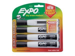EXPO® Magnetic Dry Erase Markers With Eraser, Chisel Tip, Black Ink, Pack Of 4 EXPO® Magnetic Dry Erase Markers With Eraser, Chisel Tip, Black Ink, Pack Of 4