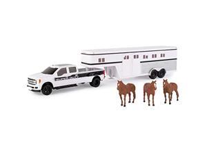 tomy ford f-350 pickup truck with horse trailer and horses (1:32 scale), white