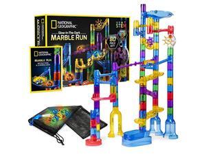 national geographic glowing marble run – 80 piece construction set with 15 glow in the dark glass marbles, mesh storage b