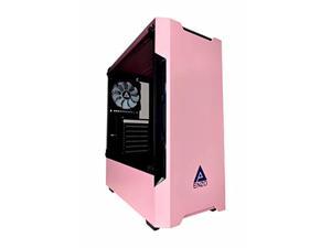 apevia enzo-pk mid tower gaming case with 1 x tempered glass panel, top usb3.0/usb2.0/audio ports, 1 x black/white fan, pink frame