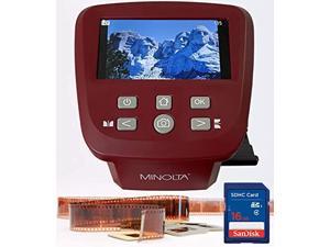 minolta film & slide scanner, large 5" screen, convert color & b&w 35mm, 126, 110 negative & slides, super 8 films to high res 22mp jpeg digital photos, 16gb sd card, worldwide ac adapter (red)