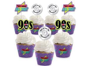 90's throwback - cupcake decoration - 1990s party cupcake wrappers and treat picks kit - set of 24
