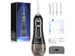 leominor cordless water flosser professional oral irrigator, 300ml portable dental ,with 5 modes & 6 jet tips, rechargeable ipx7 waterproof teeth cleaner for home,travel,braces,bridges care black