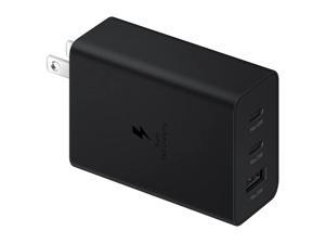 samsung 65w 3-port super fast charging wall charger, 1x usb-c 65w, 1x usb-c 25w, 1x usb-a 25w, max capacity 65w (cable not included), black, us version