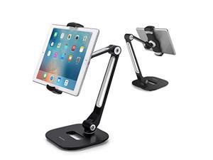 abovetek long arm aluminum tablet stand, folding ipad stand with 360 swivel iphone clamp mount holder, fits 4-11" display table