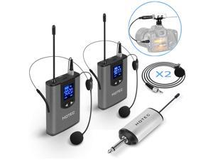 Hotec Wireless System with Dual Headset Microphones/Lavalier Lapel Mics and Bodypack Transmitters and One Mini Rechargeable Receiver 1/4" Output, for Live Performances Hotec Wireless System with Dual Headset Microphones/Lavalier Lapel Mics and Bodypack Transmitters and One Mini Rechargeable Receiver 1/4" Output, for Live Performances