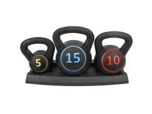 PRISP 3-Piece Kettlebell Weight Set - 5lb 10lb 15lb Free Weights with Rack