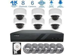 CTVISION 8 Channel 4K 8MP (3840×2160) H.265+ IP PoE AI Smart NVR Security Camera System with 6 x Outdoor/Indoor 4K Microphone Dome Security Cameras, Human Detection 2TB