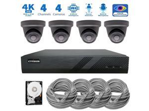 CTVISION 4 Channel 8MP IP Audio AI Color Night Vision PoE NVR Home Security CCTV Camera Video Surveillance System with 4 x Wired Outdoor 4K PoE Security Turret Cameras, 4-CH NVR Security System, 2TB