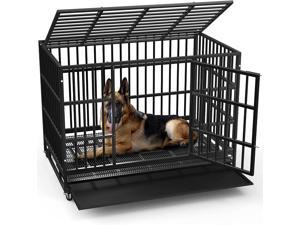 BOSSIN 48/38 inch Heavy Duty Indestructible Dog Crate, Escape Proof Dog cage Kennel with Lockable Wheels,high Anxiety Double Door Dog Crate,Extra Large Crate Indoor for Large Dog with Removable Tray