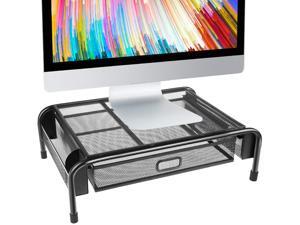HUANUO Monitor Stand Riser, Mesh Metal Printer Stand Holder with Pull Out Storage Drawer and Side Compartments Pockets for Computer, Laptop, iMac, Desk, Pens, Phones, Calculators