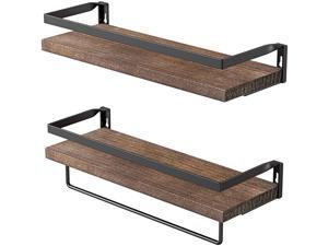 Rustic Floating Shelves Wall Mounted, Solid Paulownia Wood Set of 2 for Kitchen, Bathroom, and Bedroom, Decorative Storage Shelf with Removable Towel Holder, Strong Black Metal Frame