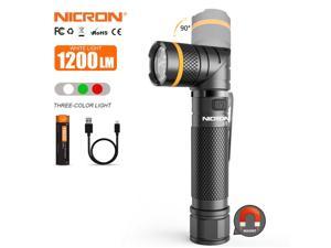 NICRON Magnet 90 Degree Rechargeable LED Flashlight Handfree Ultra High Brightness 1200LM With Three Light Color(White,Red,Green),Waterproof Rotatable head LED Torch For Household Outdoor Use B70