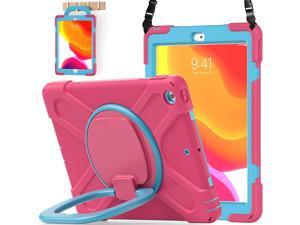 iPad 8th 7th Generation Case, iPad 10.2 inch Case 2020 2019, Heavy Duty Rugged Kids Cover with Rotating Stand/Pencil Holder/Carrying Strap