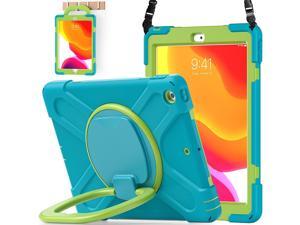 iPad 8th 7th Generation Case, iPad 10.2 inch Case 2020 2019, Heavy Duty Rugged Kids Cover with Rotating Stand/Pencil Holder/Carrying Strap