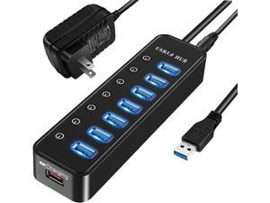 Powered USB 3.0 Hub, 7-Port Data USB Hub with Power Adapter and One Smart Charging Port, USB Splitter with Individual On / Off Switches for MacBook, Mac Pro/Mini, iMac, Surface Pro Laptop/PC