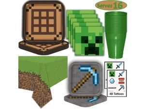 Minecraft Party Supplies for 16 - Dinner Plates, Dessert Plates, Napkins, Cups, Tablecloth, Tattoos - Pixel Mining Theme Birthday Tableware and Favors Minecraft Party Supplies for 16 - Dinner Plates, Dessert Plates, Napkins, Cups, Tablecloth, Tattoos - Pixel Mining Theme Birthday Tableware and Favors