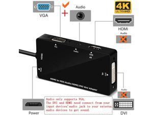 CableDeconn Multiport 4-in-1 HDMI to HDMI DVI 4K VGA Adapter Cable with Audio Output Adapter Converter (Black)