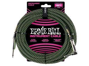 Ernie Ball 18' Braided Straight / Angle Instrument Cable, Black and Green