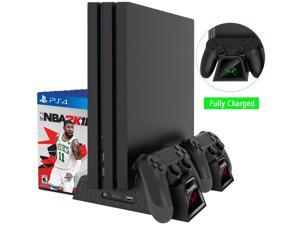 Cooling Fan Compatible with Regular PS4  PS4 Pro  PS4 Slim Controller Charging Dock Station with Cooler Vertical Stand Dual Controller Charger with LED Indicators and 12 Games Storage